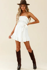 Dream All Day Shirred Ruffle Feature Strapless Dress White